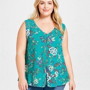 Daniel Rainn Women's Green Floral Print Crochet Lace Open Back Top Size 2X NWT